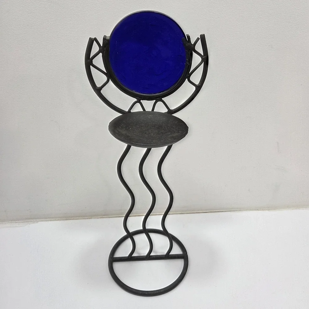 Vintage 90s Large Squiggle Candle Holder w/‎ Cobalt Blue Glass Dolphin